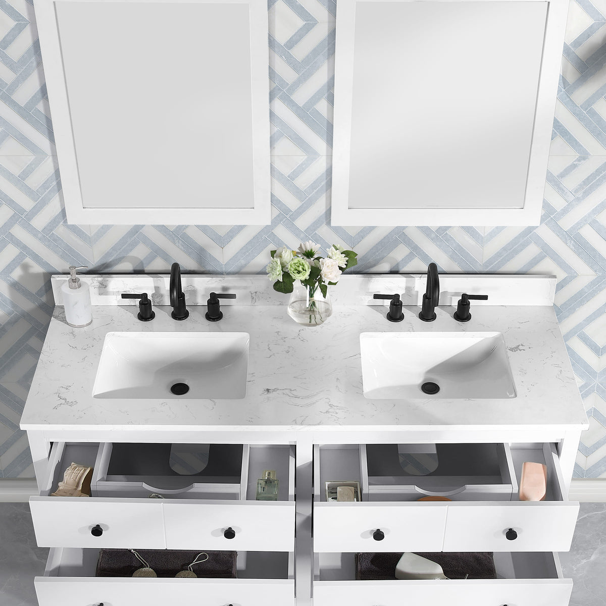 Encino 60" Double Vanity With Carrara white Quartz Stone Top