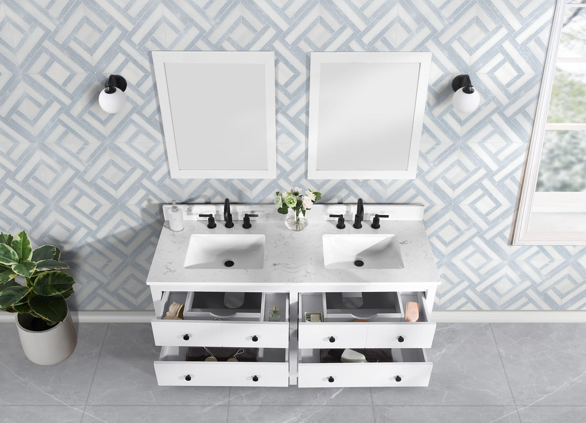 Encino 60" Double Vanity With Carrara white Quartz Stone Top