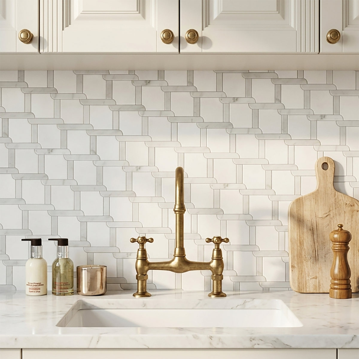 Thassos White & Carrara White 9-in x 9-in Waterjet Mosaic Floor and Wall Tile( 2.7 sq. ft. /Box )