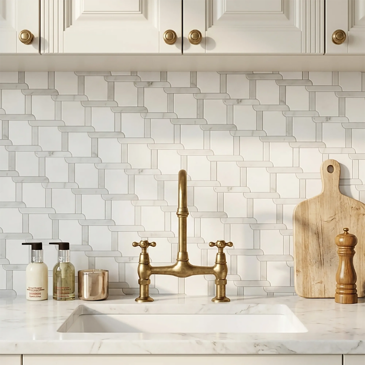 Thassos White & Carrara White 9-in x 9-in Waterjet Mosaic Floor and Wall Tile( 2.7 sq. ft. /Box )