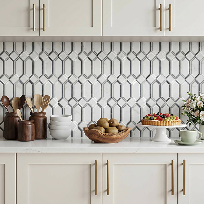 15-in x 12-in Elongated Hexagon Diamond White & Gray  Marble Mosaic  Wall Tile( 6.25 sq. ft. /Box )