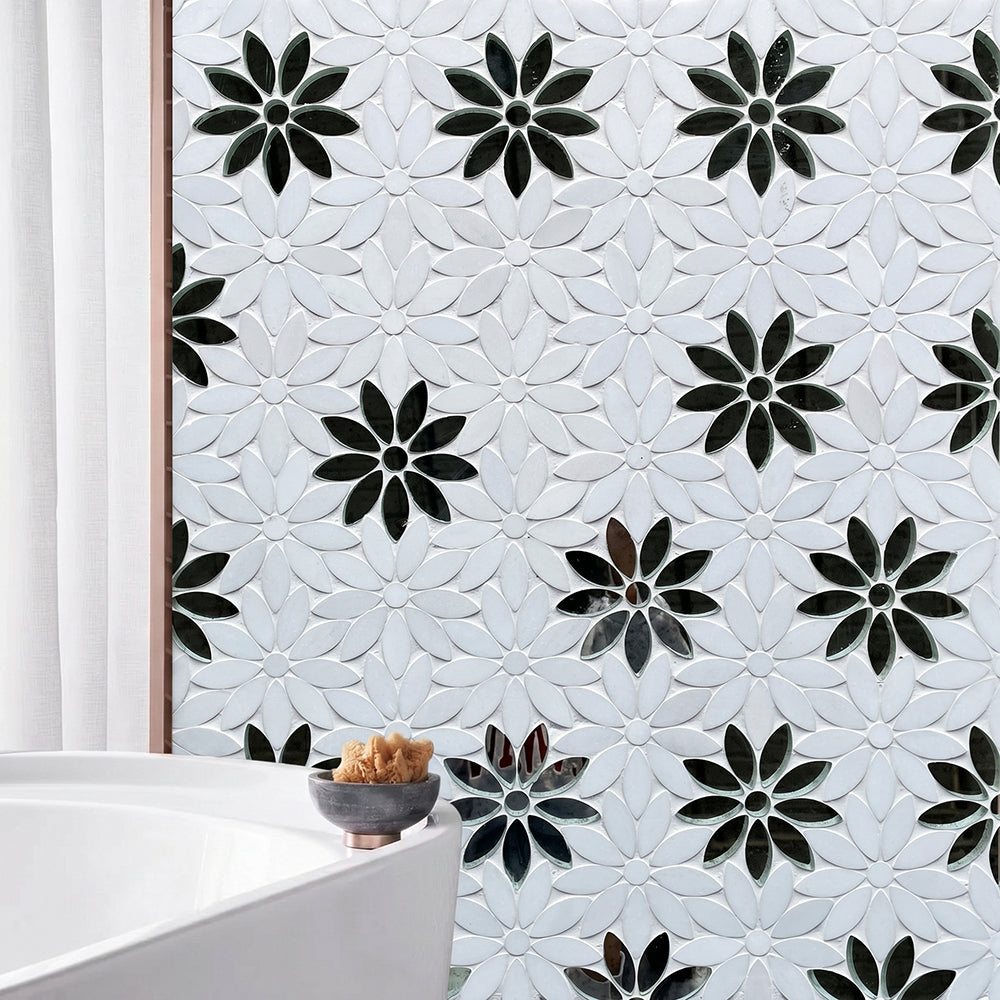 Interlocking Floral with Thassos & Antique Mirror 9-in x 11-in Waterjet Mosaic Floor and Wall Tile( 7 sq. ft. /Box )