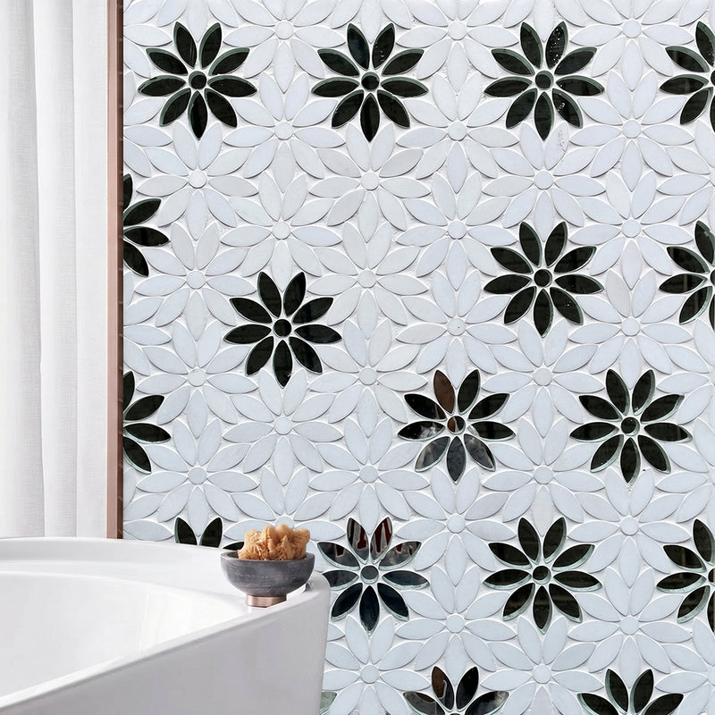 Interlocking Floral with Thassos & Antique Mirror 9-in x 11-in Waterjet Mosaic Floor and Wall Tile( 7 sq. ft. /Box )