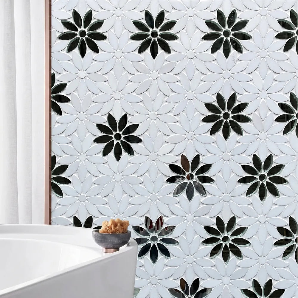Interlocking Floral with Thassos & Antique Mirror 9-in x 11-in Waterjet Mosaic Floor and Wall Tile( 6.88 sq. ft. /Box )