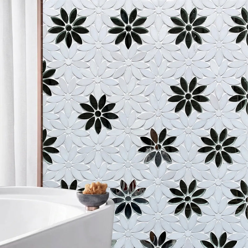 Interlocking Floral with Thassos & Antique Mirror 9-in x 11-in Waterjet Mosaic Floor and Wall Tile( 6.88 sq. ft. /Box )