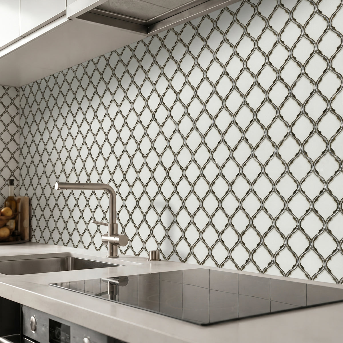 Feathered Lantern Pattern with Silver Trim 12-in x 10-in Glass Mosaic Wall Tile( 8.3 sq. ft. /Box )
