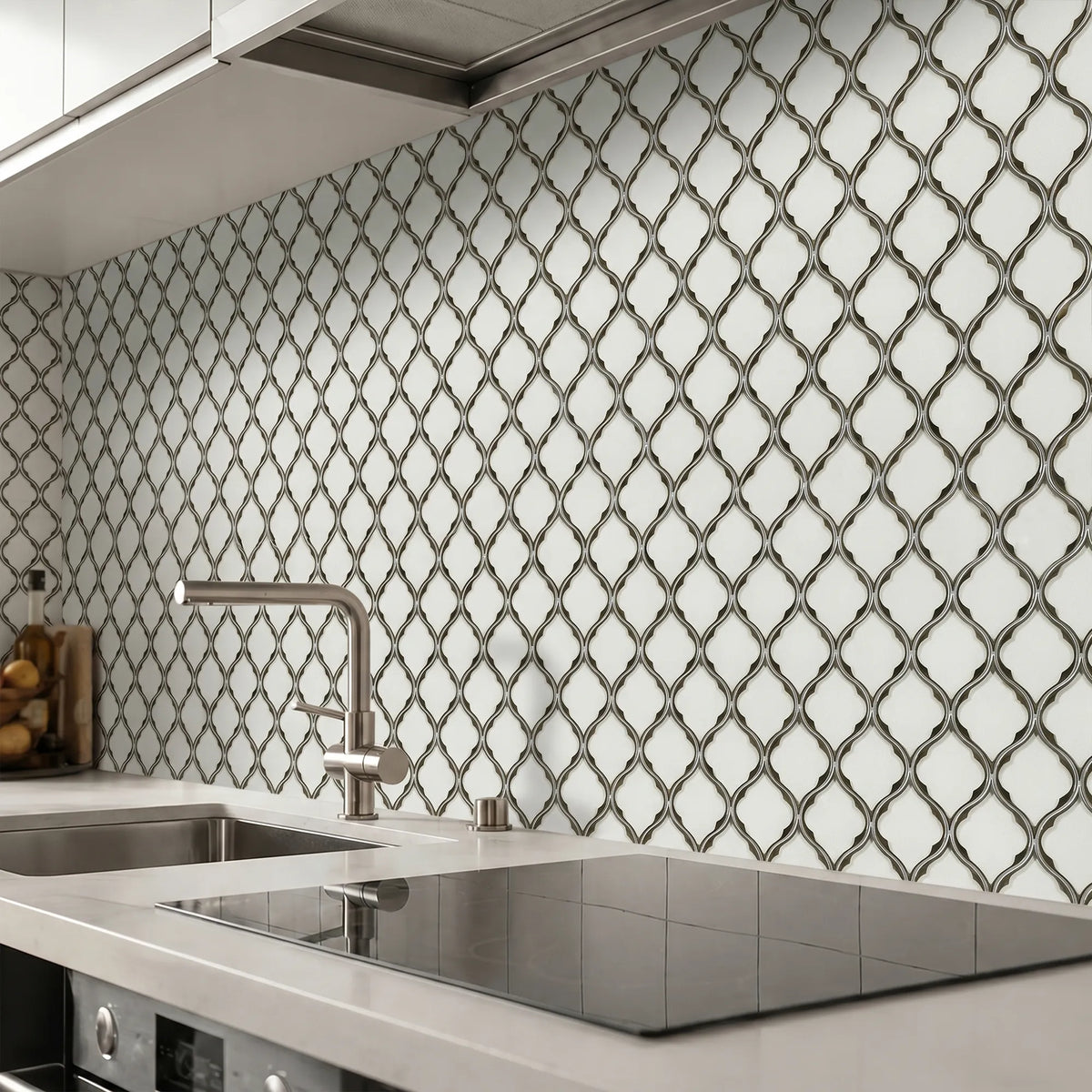 Feathered Lantern Pattern with Silver Trim 12-in x 10-in Glass Mosaic Wall Tile( 8.3 sq. ft. /Box )