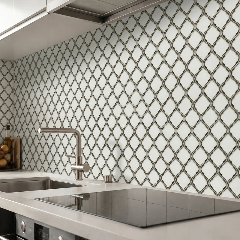 Feathered Lantern Pattern with Silver Trim 12-in x 10-in Glass Mosaic Wall Tile( 8.3 sq. ft. /Box )