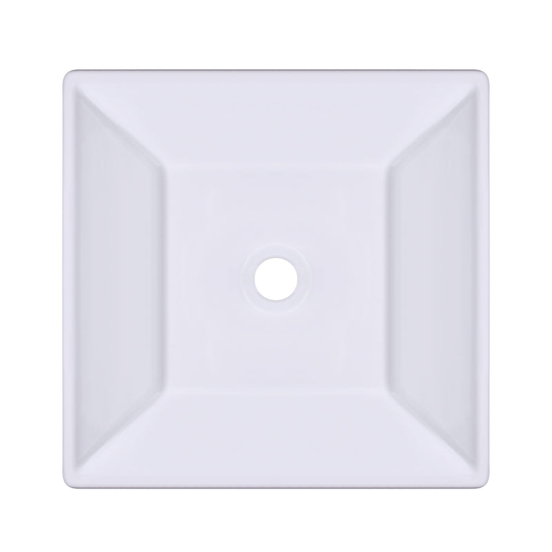 Square modern white ceramic vessel sink with a geometric design, ideal for minimalist bathroom decor.