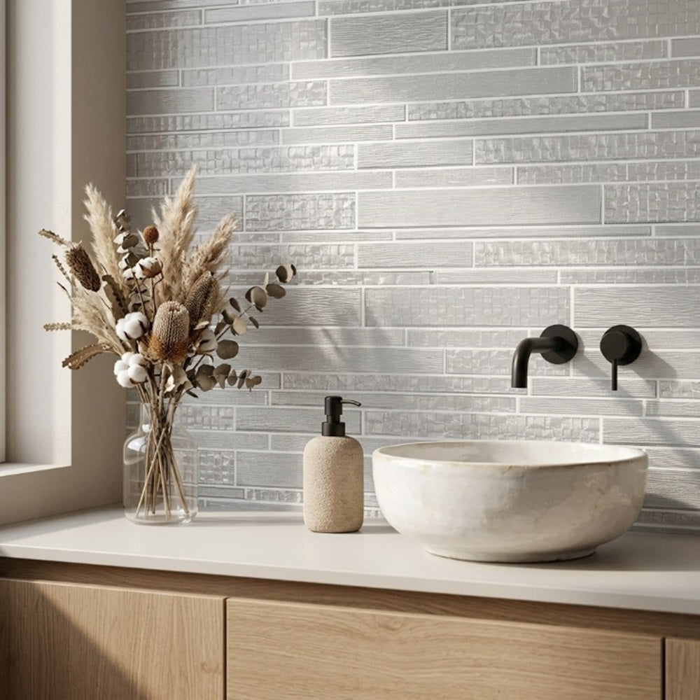 6-in x 18-in Pure Glass Mix Random Strip Mosaic Wall Tile( 7.5 sq. ft. /Box )