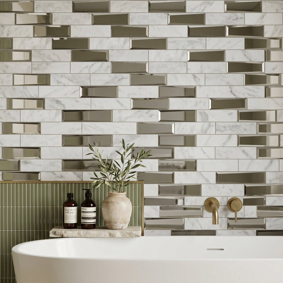 Carrara Marble & 3D Glass Mix 12-in x 12-in Glass Mosaic Wall Tile( 10 sq. ft. /Box )