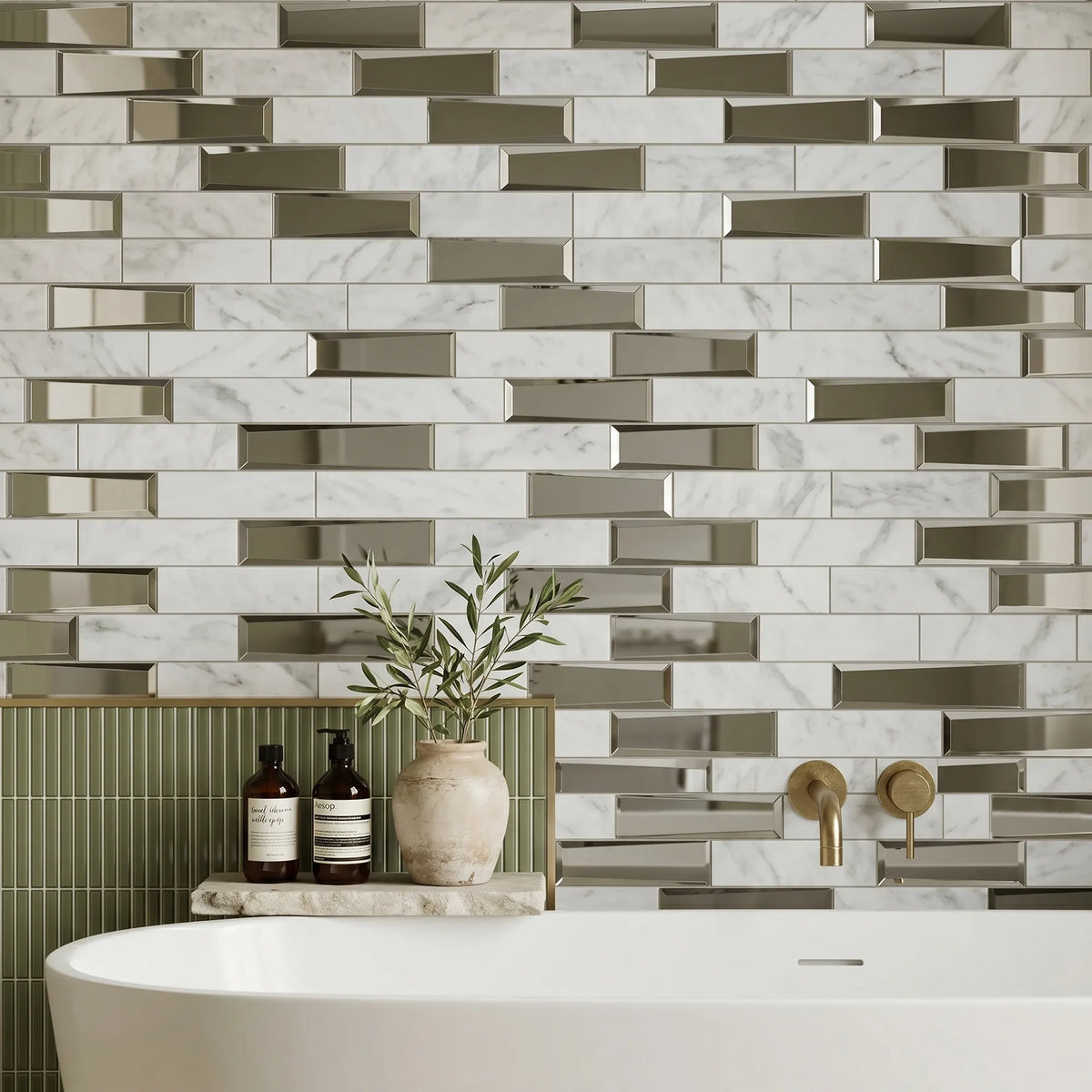 Carrara Marble & 3D Glass Mix 12-in x 12-in Glass Mosaic Wall Tile( 10 sq. ft. /Box )
