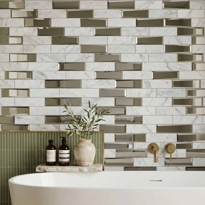 Carrara Marble & 3D Glass Mix 12-in x 12-in Glass Mosaic Wall Tile( 10 sq. ft. /Box )