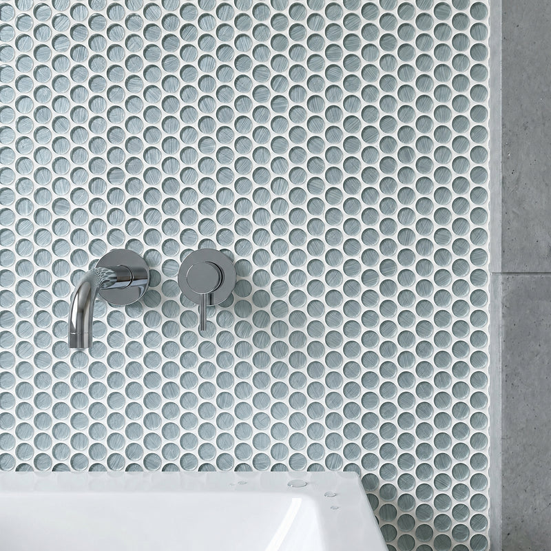 Inkjet Blue 11-in x 11-in Glass Penny Mosaic Wall Tile( 8.3 sq. ft. /Box )