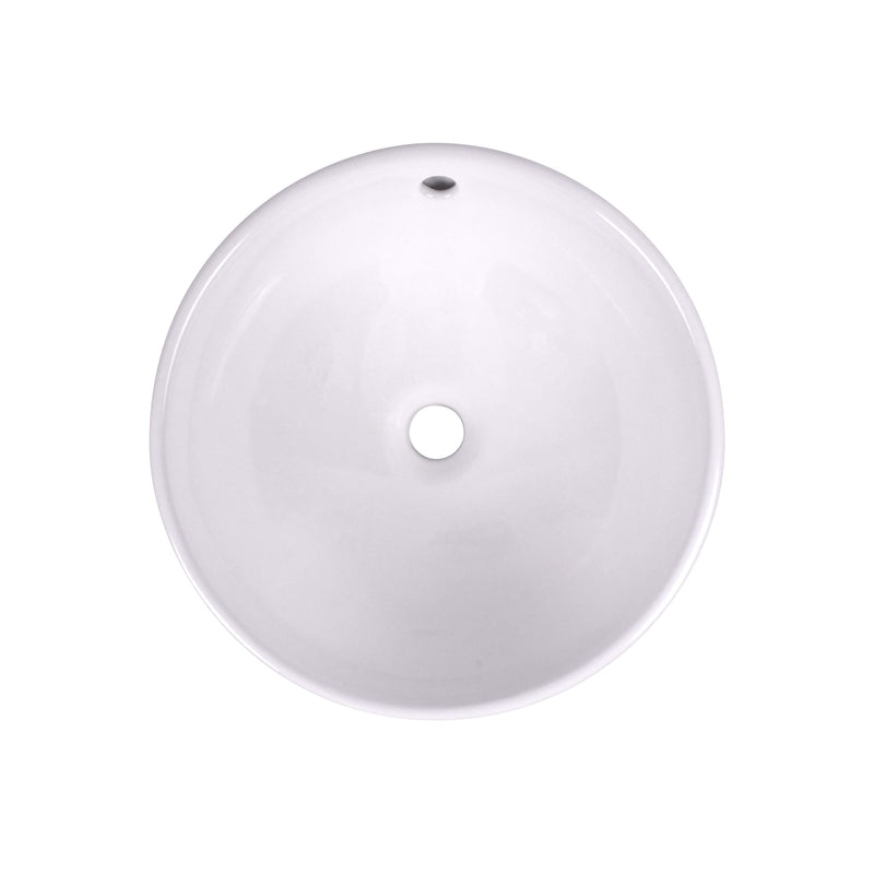 15 inch white ceramic vessel sink top view with overflow hole, modern round design for bathrooms