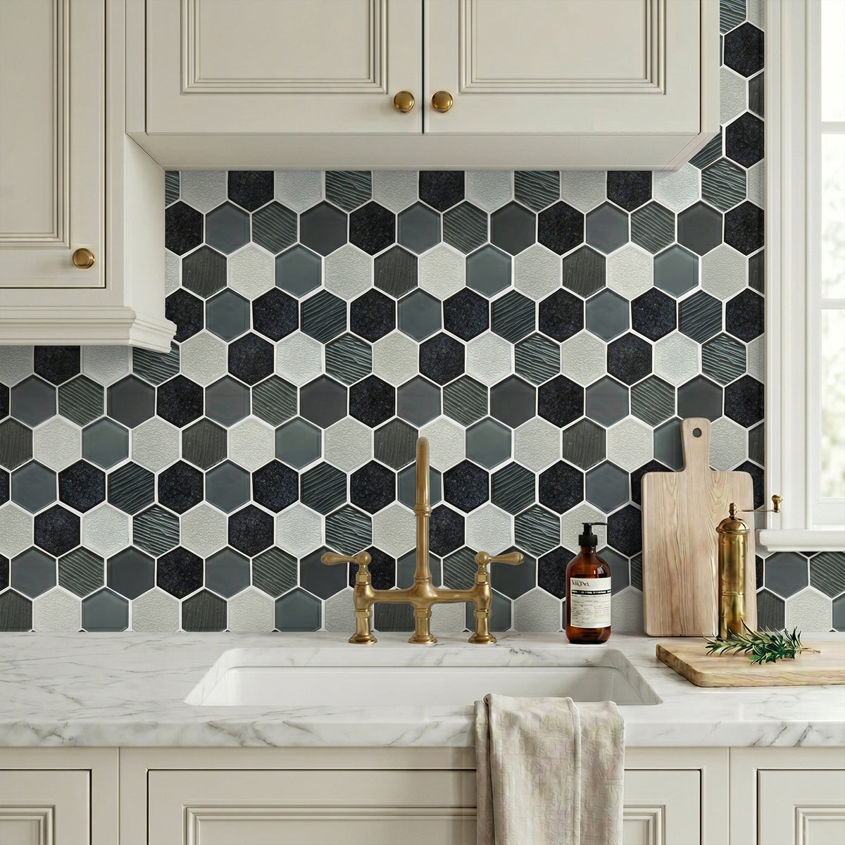 12-in x 11-in Palladian Gray Hex Glass & Porcelain Mosaic Wall Tile( 8.3 sq. ft. /Box )