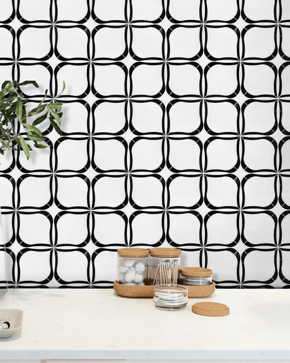 Tulip Pattern Thassos & Black Marble 12-in x 12-in Waterjet Mosaic Floor and Wall Tile( 5 sq. ft. /Box )