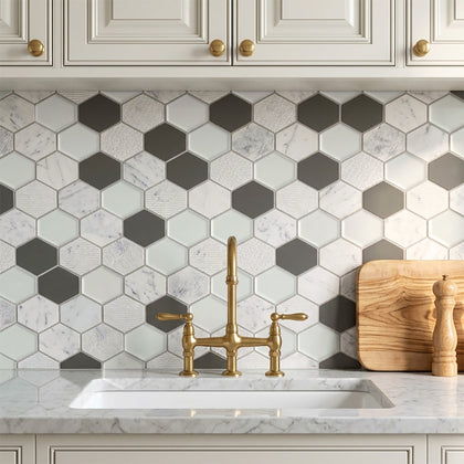 Anthracite Geo Hexagon Sequin Pattern 12-in x 13-in Marble with Glass Mosaic Wall Tile( 5.4 sq. ft. /Box )