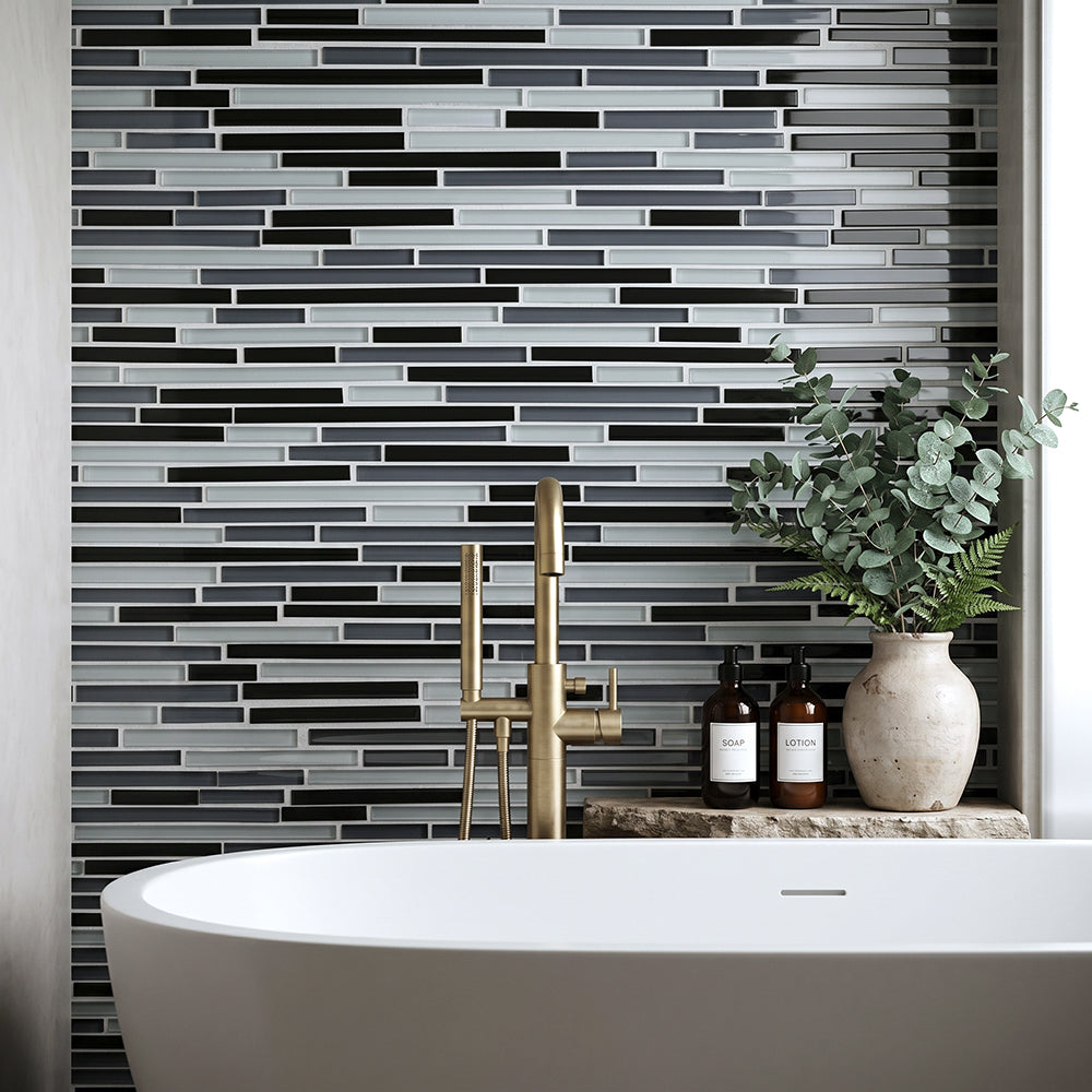 Gray Shadow Random Thin Strip 12-in x 12-in Glass Mosaic Wall Tile( 10 sq. ft. /Box )