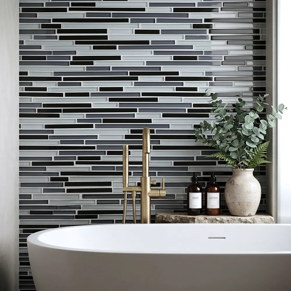 Gray Shadow Random Thin Strip 12-in x 12-in Glass Mosaic Wall Tile( 20 sq. ft. /Box )