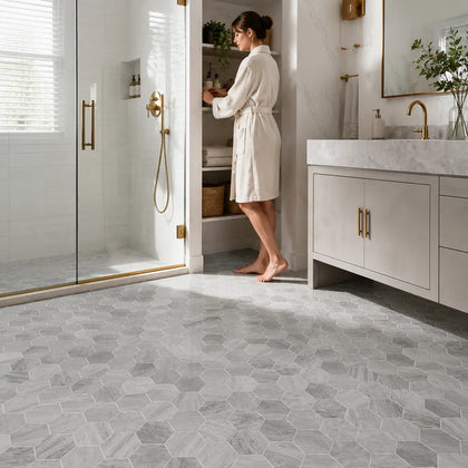 3-in Wooden gray Hexagon 12-in x 10-in Honed Marble Mosaic Wall Tile( 4.15 sq. ft. /Box )