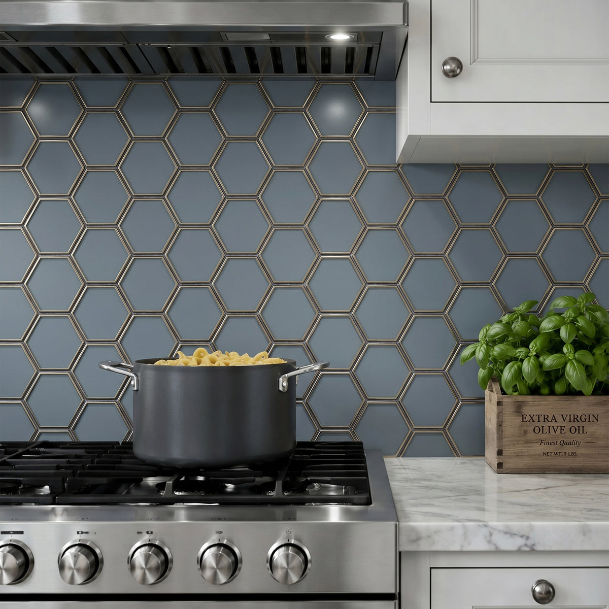 3-in Hexagon Dark Blue Glass with Silver Edge 11-in x 9-in Glass Mosaic Wall Tile( 7 sq. ft. /Box )