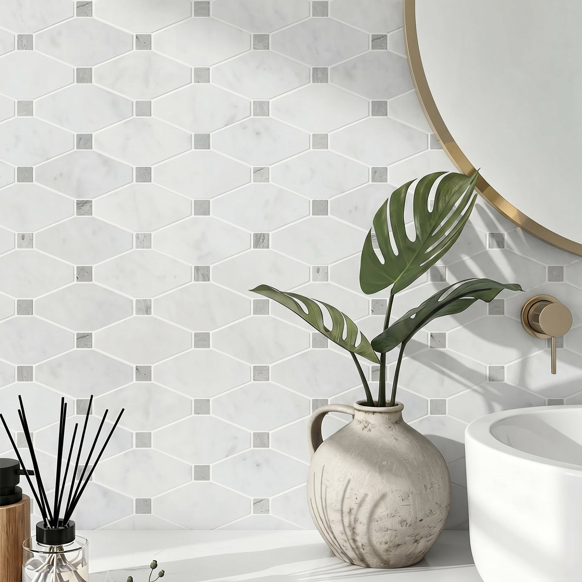 Carrara White Octagon 12-in x 11-in Polished Marble Mosaic Floor and Wall Tile( 4.6 sq. ft. /Box )