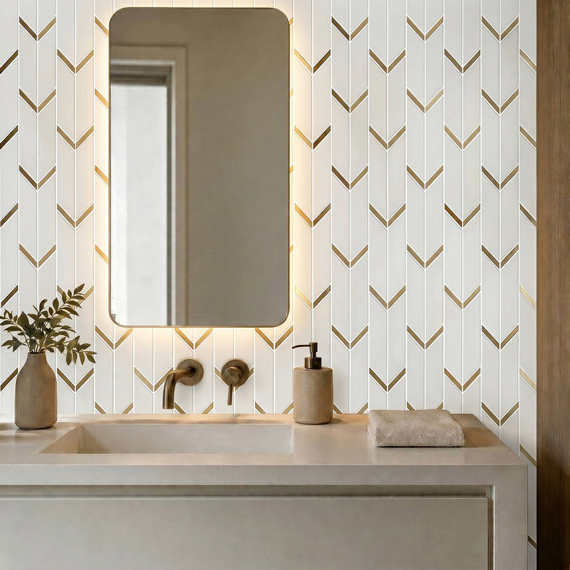 Dolomite White Marble with Arrow Gold Brass Accent 14-in x 12-in Waterjet Mosaic Wall Tile( 5 sq. ft. /Box )
