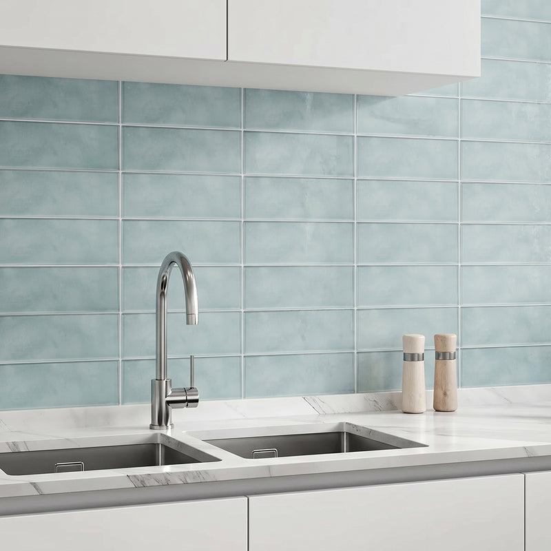 Light Blue 3-in x 9-in Glass Tile( 5 sq. ft. /Box )