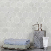3-in Calacatta Hexagon 12-in x 10-in Polished Marble Mosaic Floor and Wall Tile( 4.15 sq. ft. /Box )