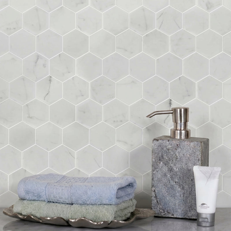3-in Calacatta Hexagon 12-in x 10-in Polished Marble Mosaic Floor and Wall Tile( 4.15 sq. ft. /Box )