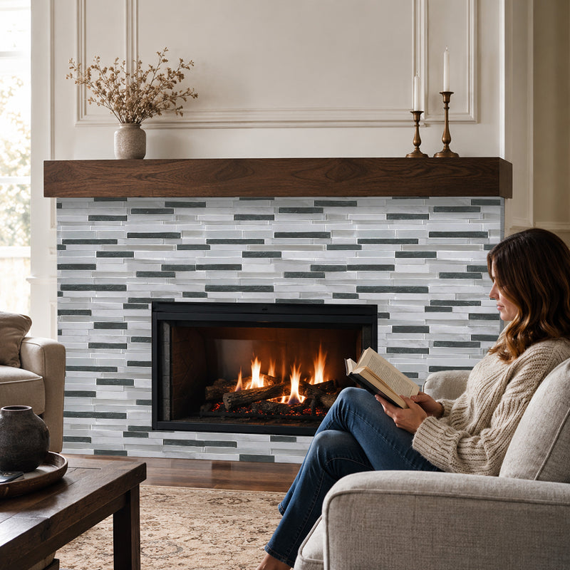 Iron Staircase Marble Slate & Glass Random Strips 12-in x 12-in Glass Mosaic Wall Tile( 10 sq. ft. /Box )