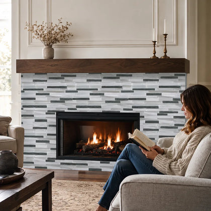 Iron Staircase Marble Slate & Glass Random Strips 12-in x 12-in Glass Mosaic Wall Tile( 10 sq. ft. /Box )