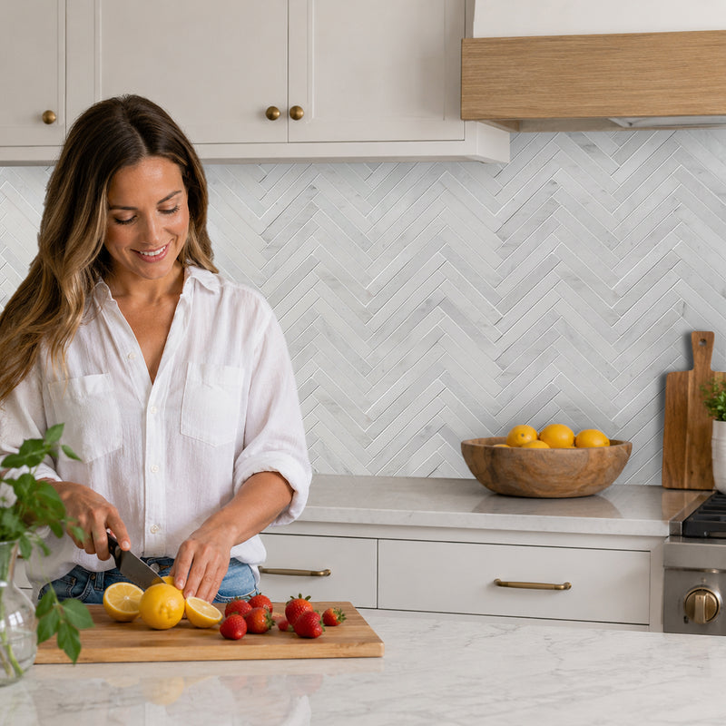 Oriental White 17-in x 10-in Polished Herringbone Marble Mosaic Floor and Wall Tile( 5.67 sq. ft. /Box )