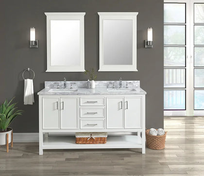 Premium Manhattan 60 inch double vanity with marble top in a modern bathroom setting with mirrors and lighting.