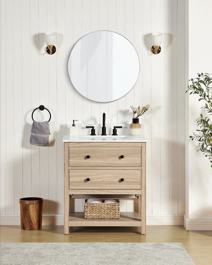 Encino 30 inch single vanity with quartz top showcasing modern design and smart storage for small bathrooms.