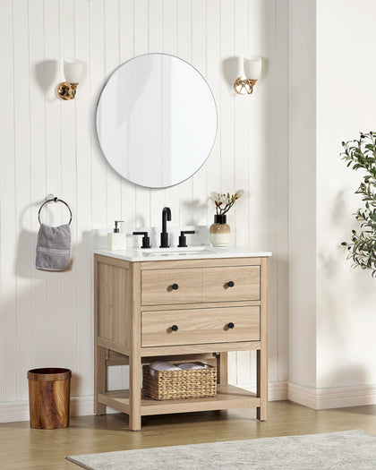 Encino 30 inch single vanity with quartz top in a stylish bathroom setting with round mirror and elegant fixtures.