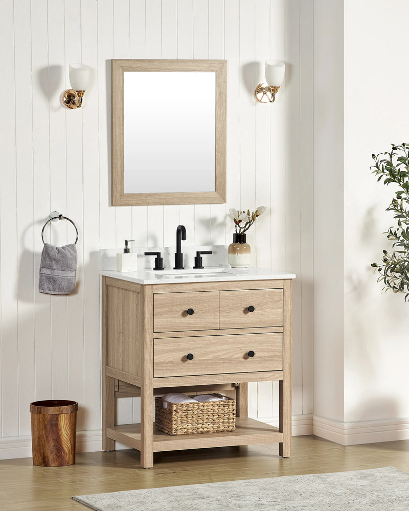 Encino 30" Single Vanity With Carrara White Quartz Stone Top-+ Light Oak Finish