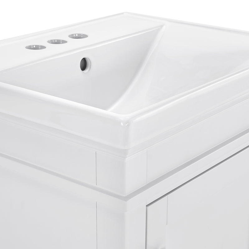 Close-up of Elmington white vanity with porcelain top showcasing sleek design and faucet holes.