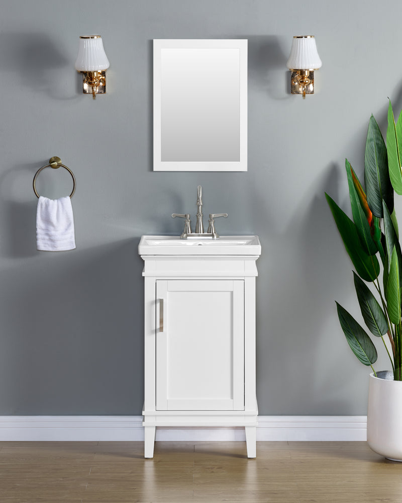 Elmington white vanity with porcelain top in a stylish bathroom setting.