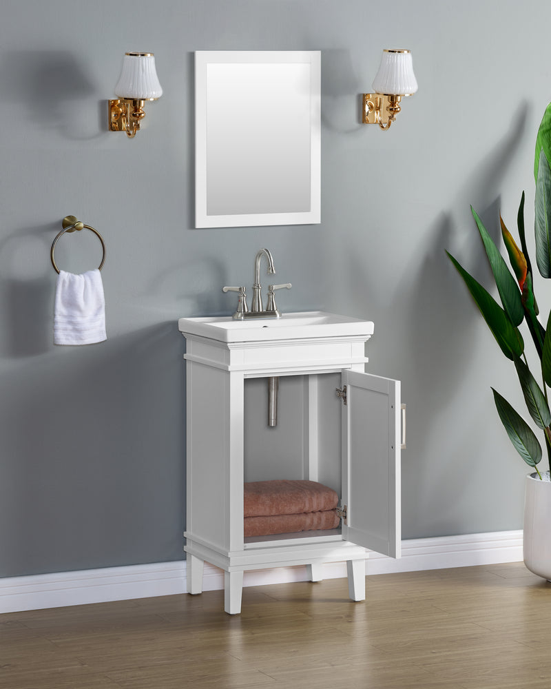 Elmington white vanity with porcelain top in a compact design for small spaces, featuring a mirror and wall sconces.