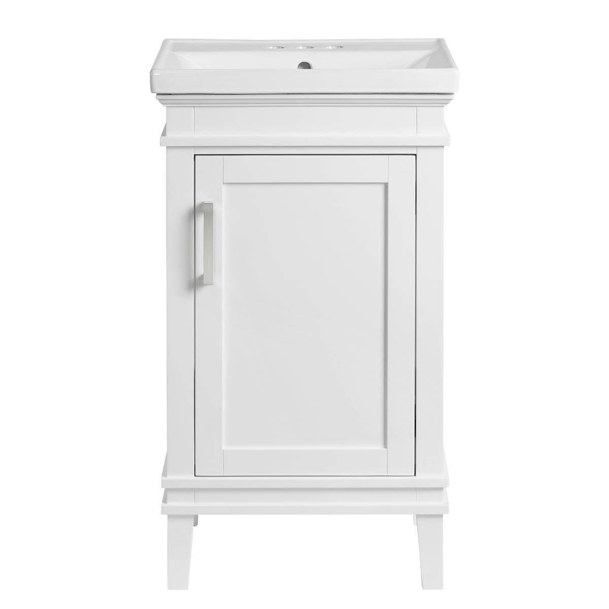 Elmington white vanity with porcelain top, 20-inch compact design ideal for small spaces.