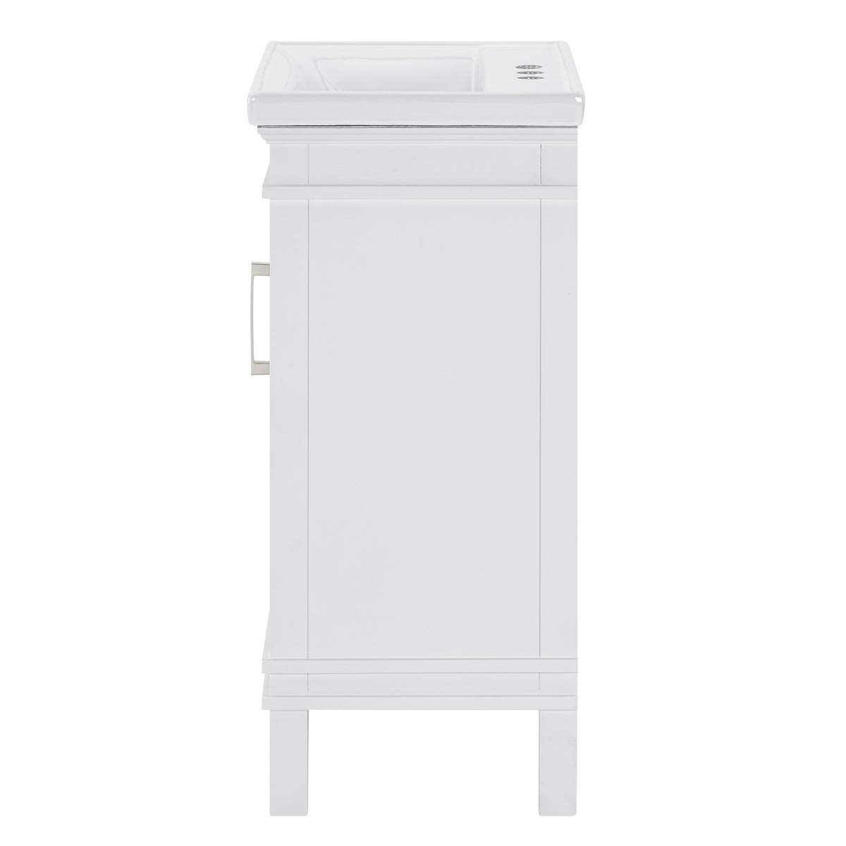Elmington white vanity with porcelain top showcasing a compact design perfect for small spaces.