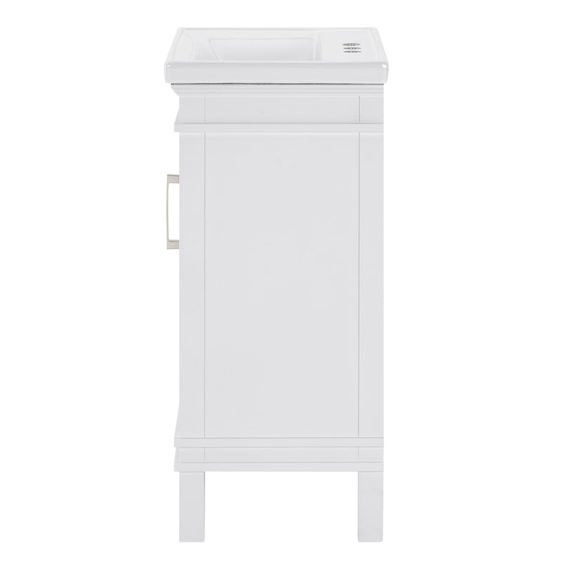 Elmington white vanity with porcelain top showcasing a compact design perfect for small spaces.