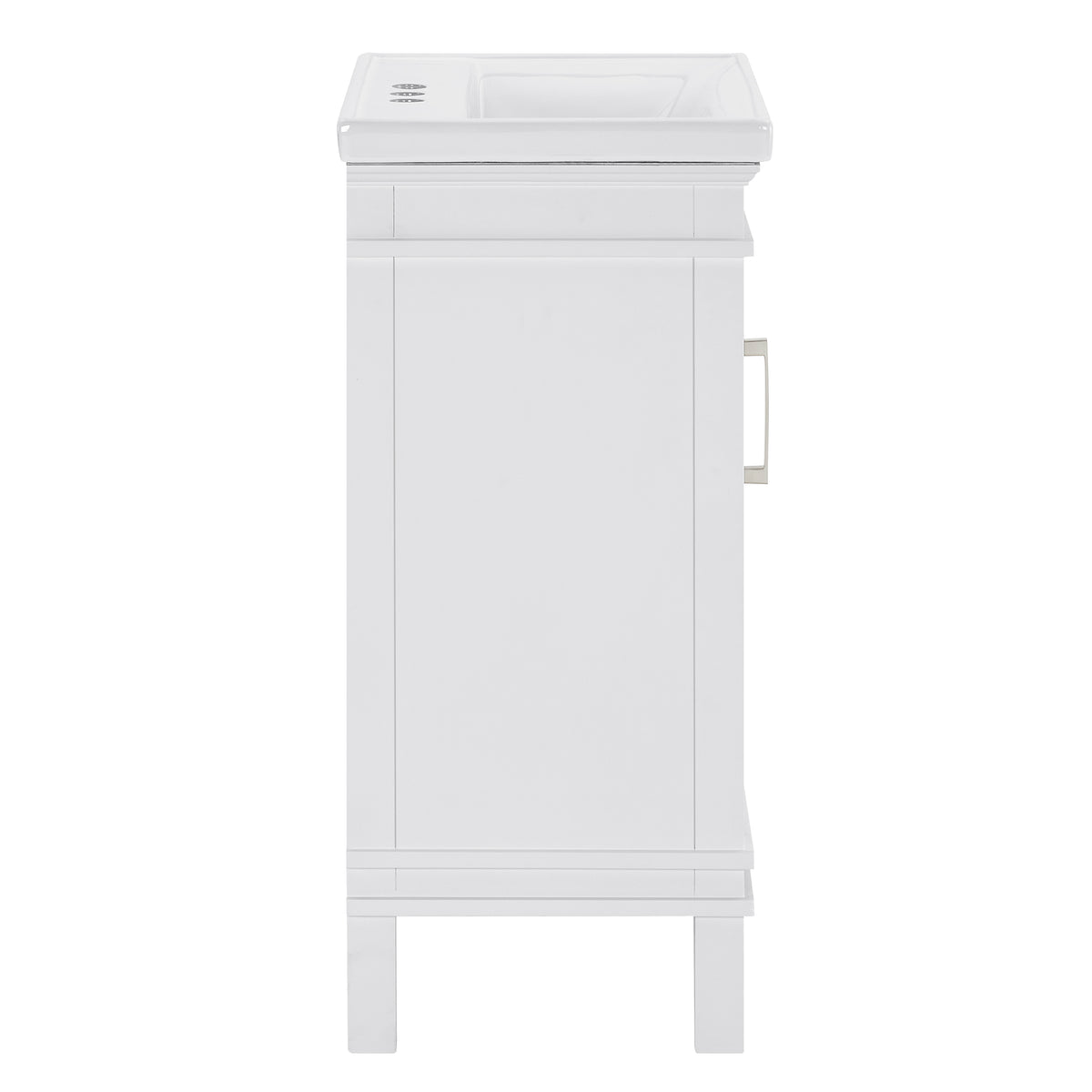 Elmington white vanity with porcelain top, 20" compact design perfect for small spaces, featuring a sleek white finish.