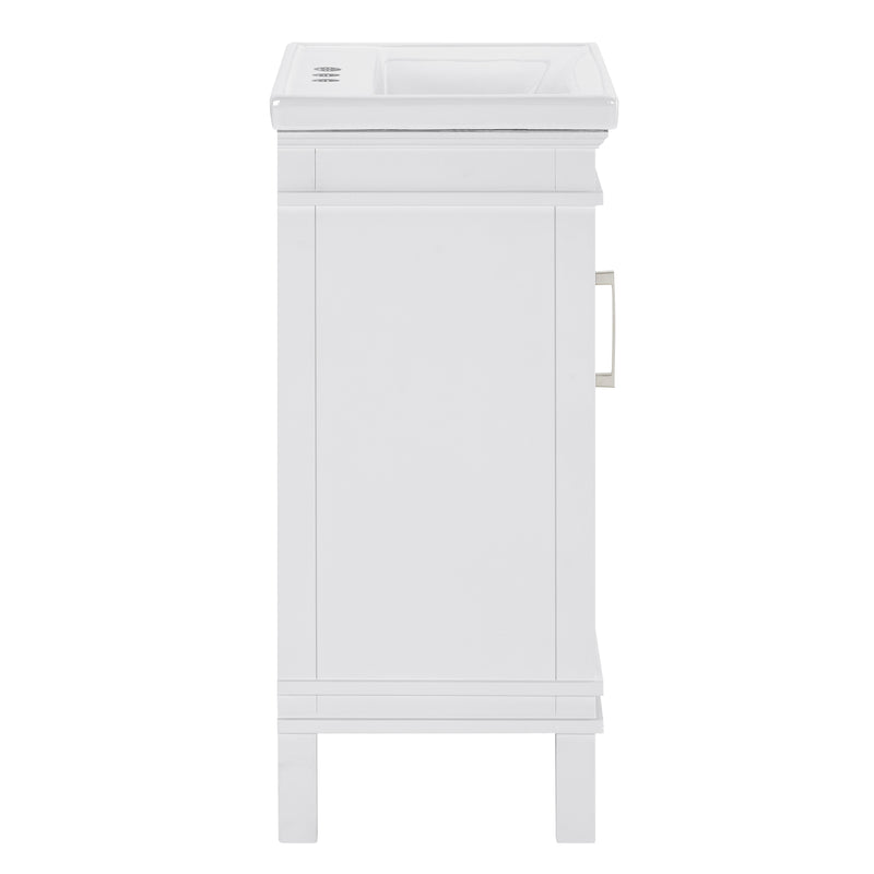 Elmington white vanity with porcelain top, 20" compact design perfect for small spaces, featuring a sleek white finish.
