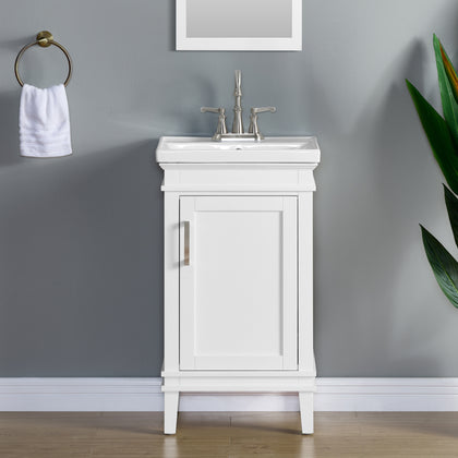 20 inch white bathroom vanity with porcelain sink, features a sleek design and modern faucet in a stylish bathroom setting.