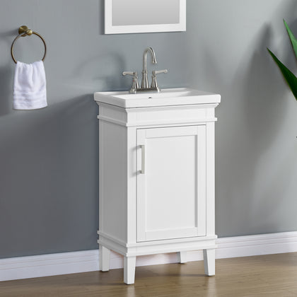 20 inch white bathroom vanity with porcelain sink in a modern bathroom setting.