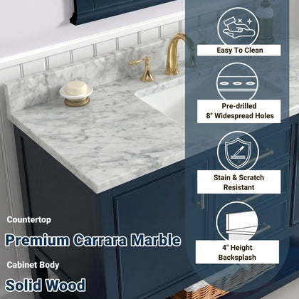 Close-up of Premium Carrara Marble top on 60 inch double vanity with marble top, featuring easy clean and scratch resistant surfaces.