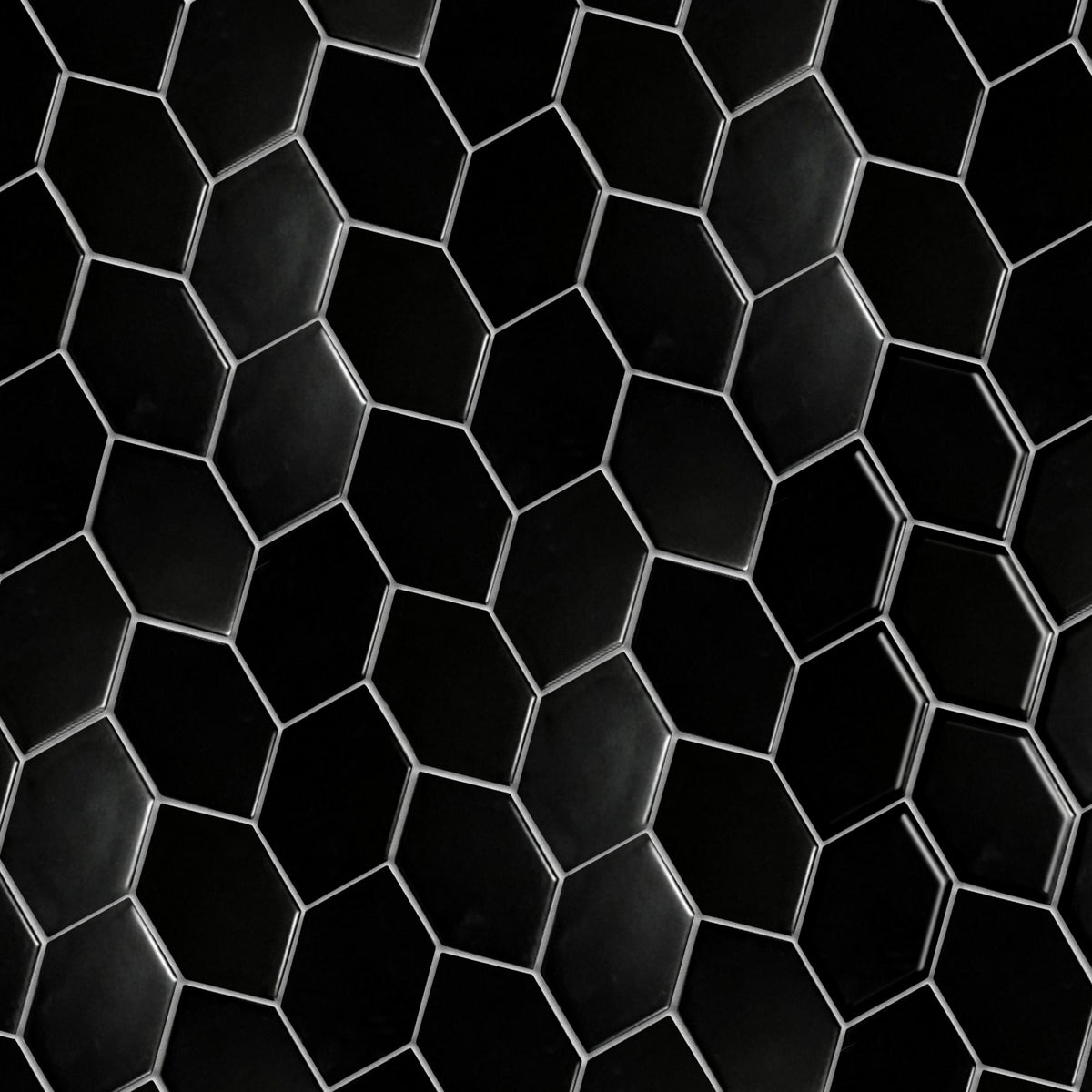 Display board of Black Leaf Pattern Hexagon Mosaic Tile – matte porcelain tiles arranged for showroom sample.